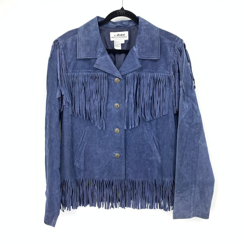 Back In The Saddle Suede Leather Jacket Womens L Blue Fringe Western Cowgirl